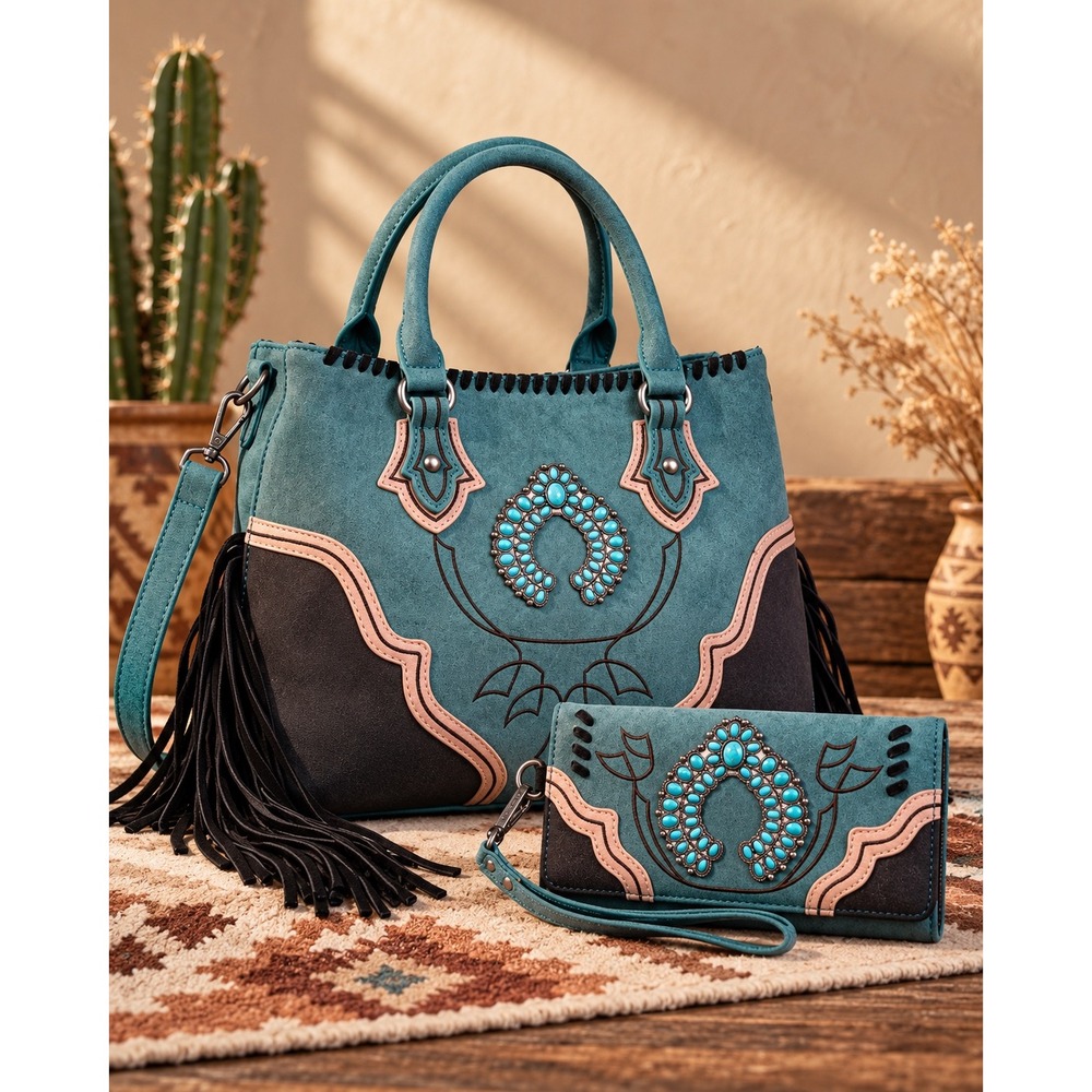 NWT Montana West Turquoise Concho Fringe Tote Bag and Matching Wallet Set Teal